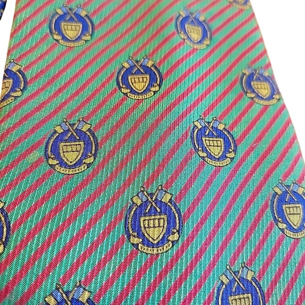 Men's Classic Necktie Givenchy Silk Green Red Stripe Blue Medallion Italy Vtg